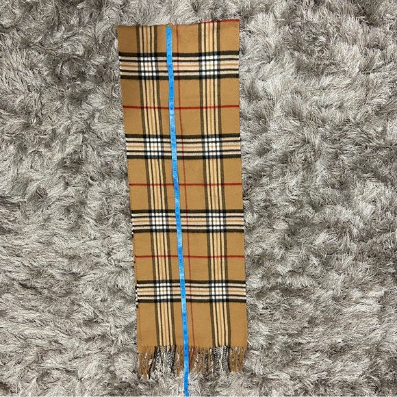 Unisex caramel beige stripe plaid cashmere feel acrylic fringe edged scarf. Used - Picture 3 of 4